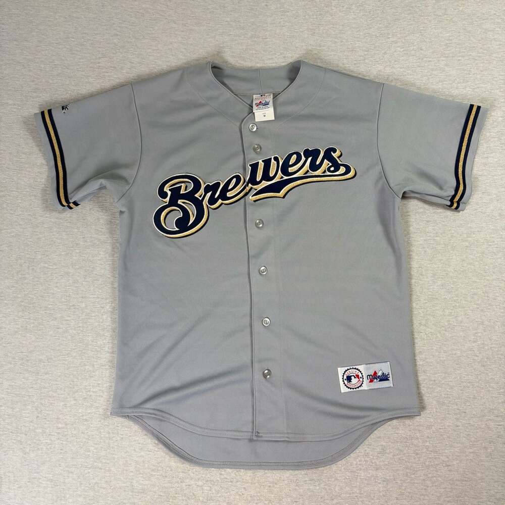 Majestic Milwaukee Brewers MLB Road Gray Button-Up Baseball Jersey